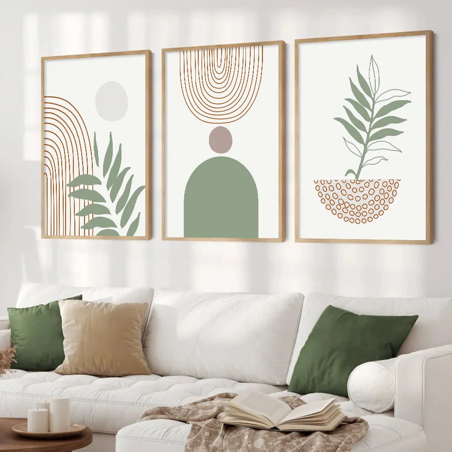 3Pcs Boho Abstract Geometric Forms Olive Green Brown Minimalist Poster Canvas Painting Wall Art Print Picture Living Room Decor