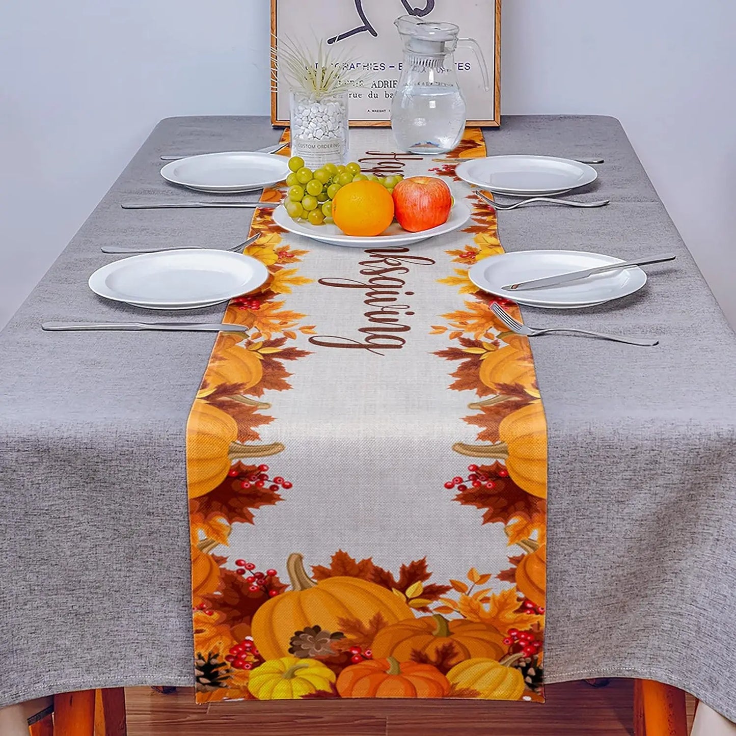 Autumn Maple Leaves Harvest Pumpkin Linen Table Runner Washable Fall Thanksgiving Table Runner Kitchen Coffee Dining Table Decor