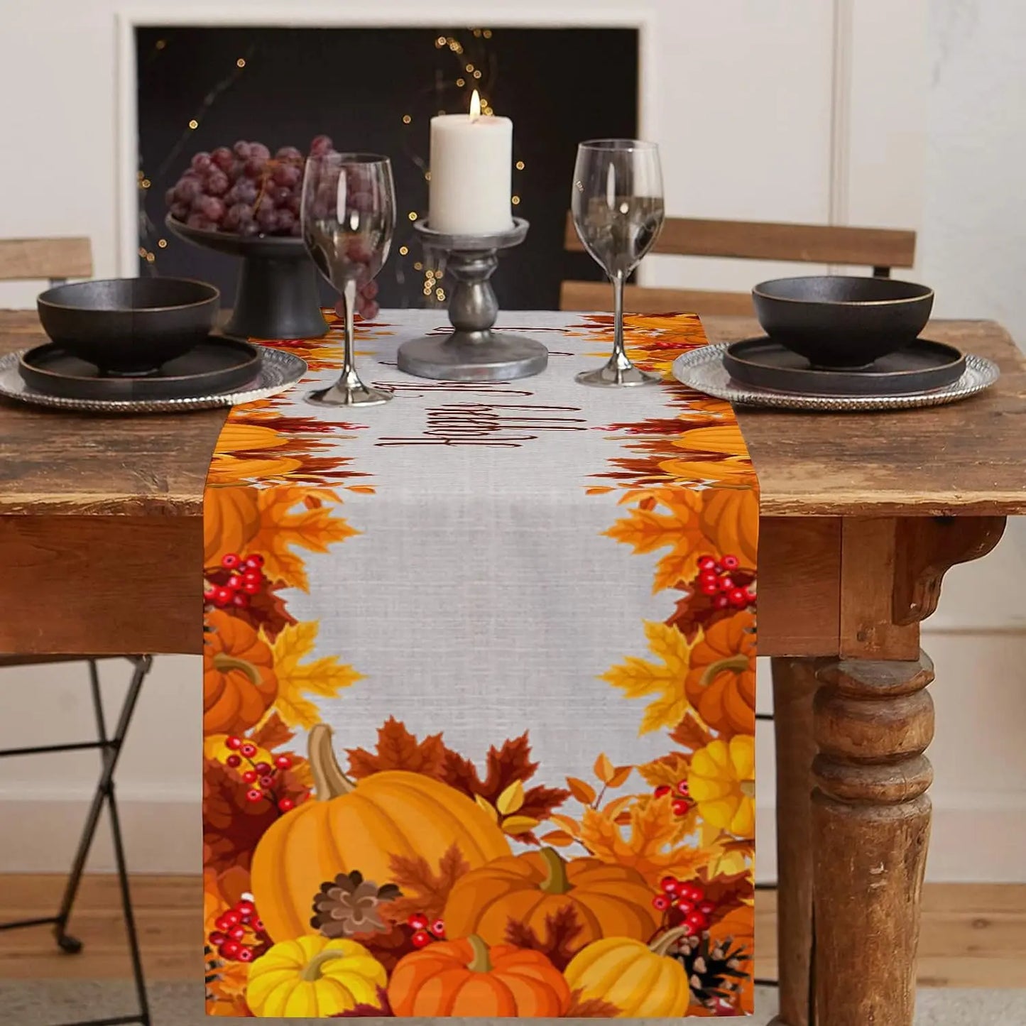 Autumn Maple Leaves Harvest Pumpkin Linen Table Runner Washable Fall Thanksgiving Table Runner Kitchen Coffee Dining Table Decor