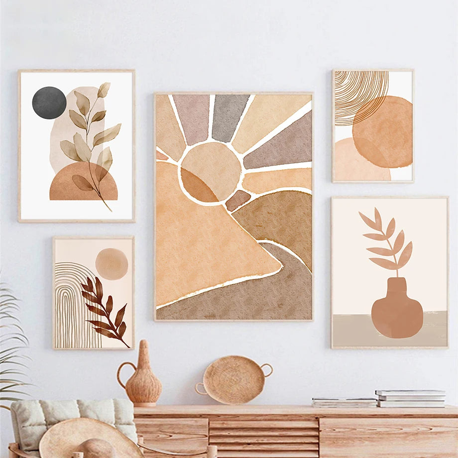 Boho Nature Landscape Sun Light Plant Terracotta Abstract Line Round Arch Wall Art Canvas Posters Prints Living Room Home Decor