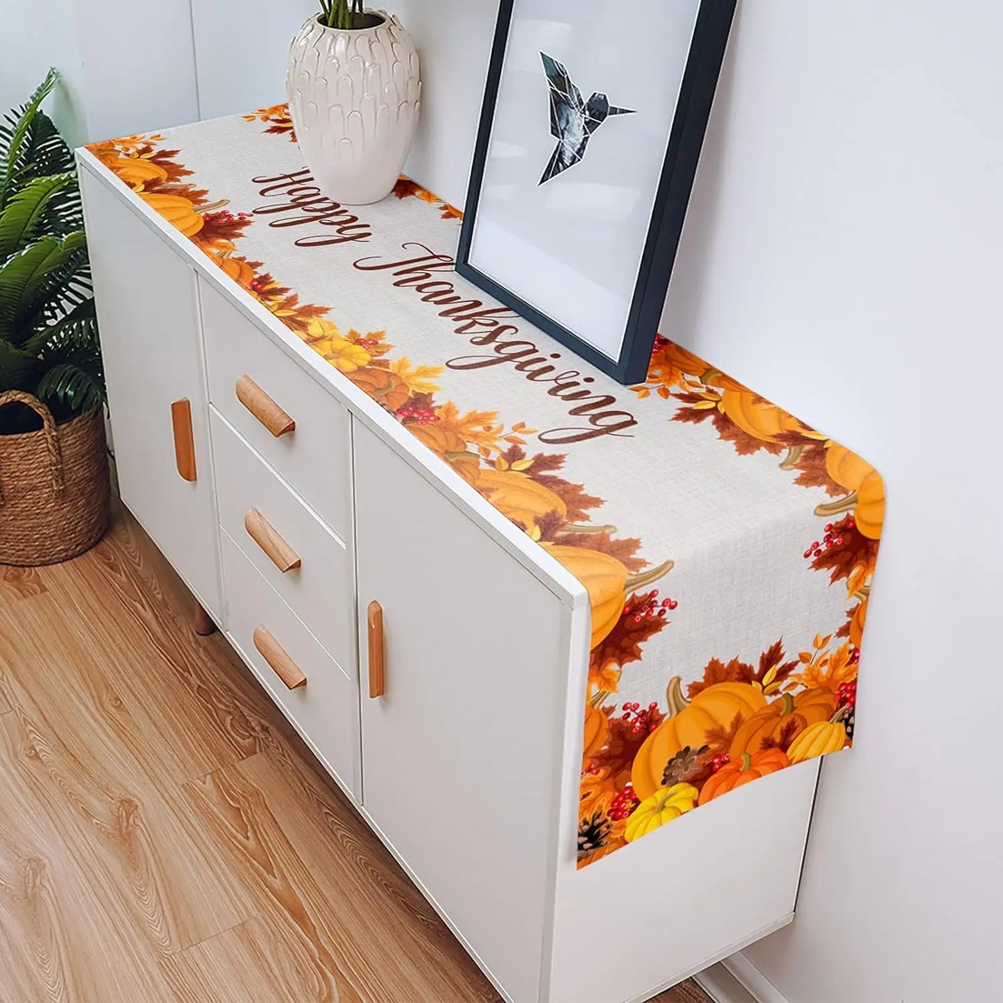 Autumn Maple Leaves Harvest Pumpkin Linen Table Runner Washable Fall Thanksgiving Table Runner Kitchen Coffee Dining Table Decor